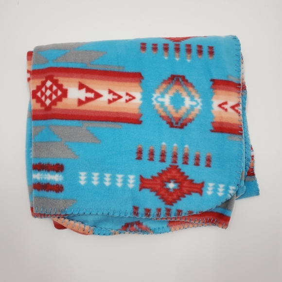 Boho Southwestern Print Festival Fleece Throw Blanket Blue NEW - Picture 3 of 4